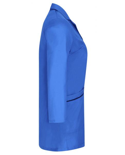In the picture, there is a blue jacket. It features a simple, plain cut with a long sleeve and a pocket on the front. The fabric appears smooth and modern.
