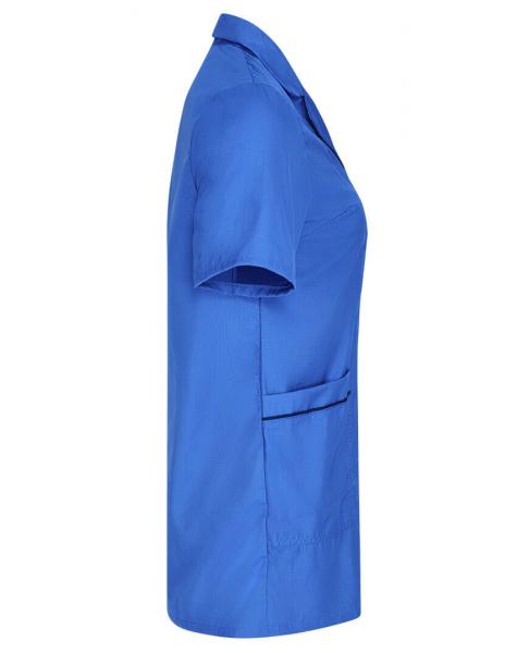 The image shows a blue, short-sleeved top with a classic collar. It features a loose fit and a pocket on the left side. The fabric appears smooth and plain.