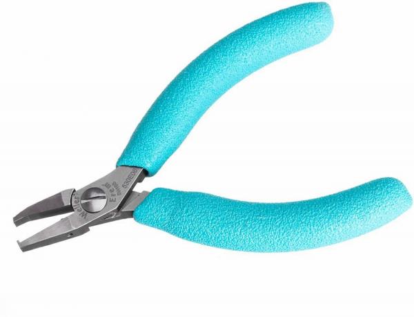 The image shows a pair of pliers with gray, narrow metal jaws and turquoise, non-slip grips. The handles are ergonomically designed for better grip.