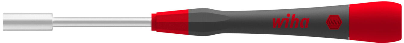 The image shows a screwdriver with a long, slender, metallic head and an ergonomic handle. The handle is black with red accents and has a round support.