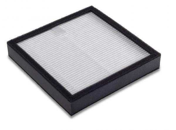 The image shows a square air filter with a black frame and a textured, white filter surface. It has a flat shape and is rectangular.