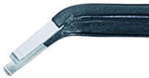 Das Bild zeigt eine schwarze Zange mit einer schmalen, flachen Spitze aus Metall. Die Zange hat einen einfachen, ergonomischen Griff und ist für präzise Arbeiten geeignet.