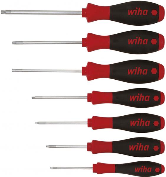 The image displays a set of six screwdrivers with ergonomic, black and red handles. The handles are labeled "wiha" and the blades vary in length.