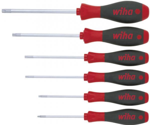The image displays a series of six screwdrivers with gray and red handles. The handles are ergonomically designed and bear the inscription "wiha". The blades are made of metal.