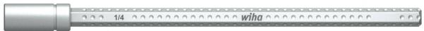 The image shows a tape measure or a caliper in silver color. It is long and has marked numbers for different lengths, probably in millimeters or centimeters.
