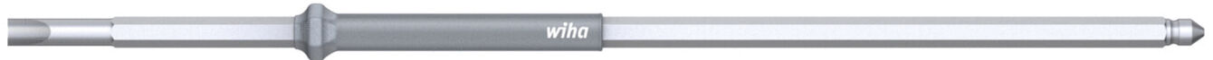 The image shows a long, slender, silver screwdriver with a gray handle in the middle. The tip is pointed and can be turned in various directions.