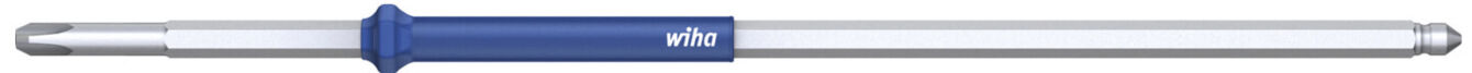 The image shows a blue screwdriver with a long, narrow blade and a round handle. The handle has a slightly raised shape for better grip.