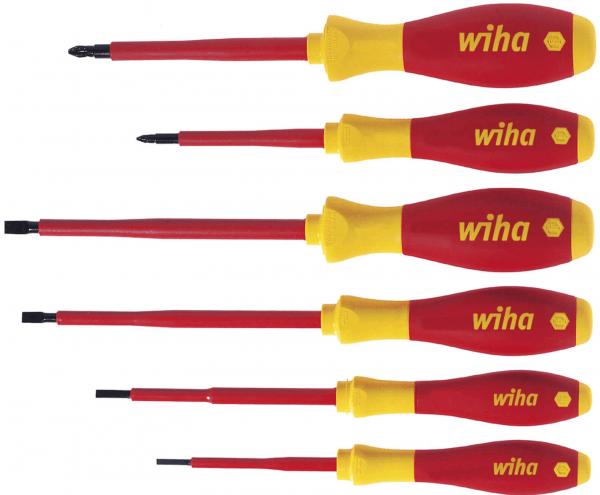 Six screwdrivers are lying side by side. They have yellow handles with red surfaces and bear the word "wiha". The length of the screwdrivers varies from top to bottom.