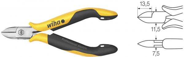 The image shows a yellow and black diagonal cutting pliers with a narrow, pointed head. On the right, there are technical drawings with dimensions of various parts of the pliers.