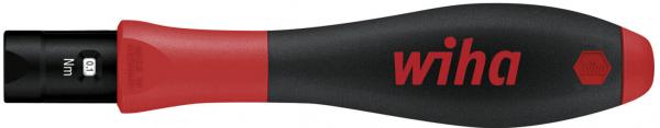 The image shows a screwdriver with an ergonomic handle. The handle is red and black, with the "wiha" logo in red. The blade is black and slim, ideal for precise applications.