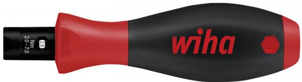 The image displays a screwdriver with an ergonomic handle. The handle is black with red accents and the inscription "wiha". The blade is visible at one end and has a hexagonal shape.