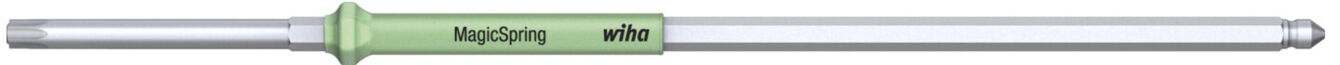 The image shows a long, slender screwdriver with a green handle and a silver metal tip. The handle is marked with "MagicSpring" and the brand "wiha".