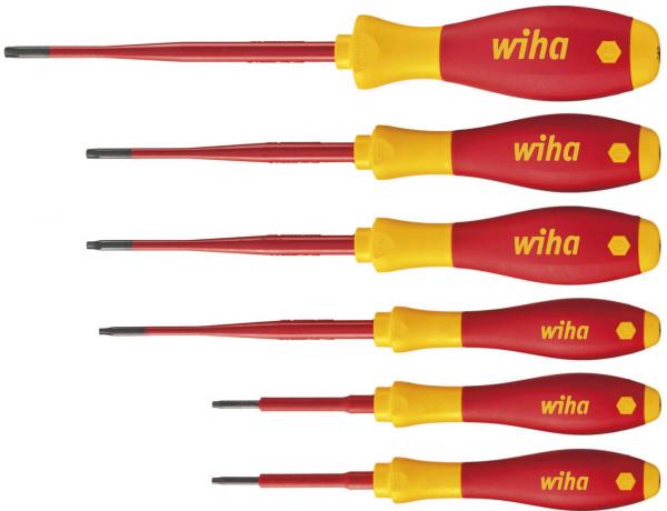 The image displays six screwdrivers of various sizes. The handles are red with yellow accents and the inscription "wiha". The tips are narrow and straight, ideal for screwing.