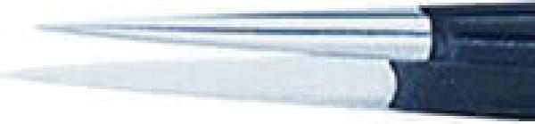 The image displays the tip of a silver pen, which tapers to a point. The grip is black and distinctly contrasted with the shiny metal.