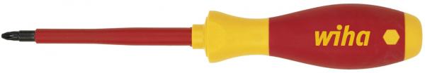 The image shows a red screwdriver with a yellow handle. The handle has an ergonomic shape and bears the logo "wiha". The tip of the screwdriver is black and pointed.
