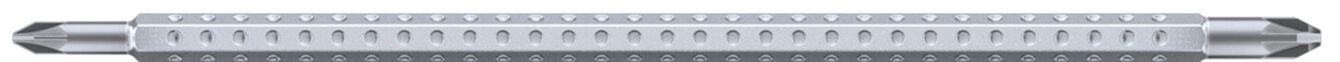 The image shows a long, silver pen with a non-slip surface. One end features the tip, while the other end is narrow and pointed.