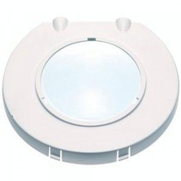 The image shows a round, white magnifying glass with a transparent glass insert in the center. There are two small brackets on the sides. The surface is smooth and plain.