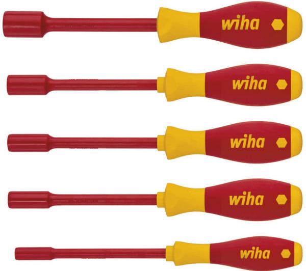 The image shows five screwdrivers with red handles and yellow ends. The handles have a curved shape, and they vary in length from top to bottom.