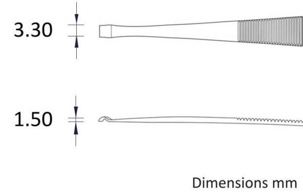 Das Bild zeigt zwei Präzisionswerkzeuge mit unterschiedlichen Durchmessern: eines hat eine Breite von 3,30 mm und das andere von 1,50 mm. Unter den Werkzeugen steht ?Dimensions mm?.