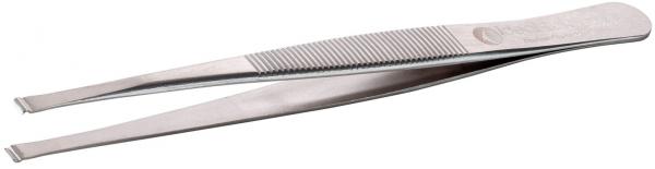 The image shows a metallic tweezer. It has two long, narrow arms that fold together and form a fine opening at the tip. One side is ridged for a better grip.