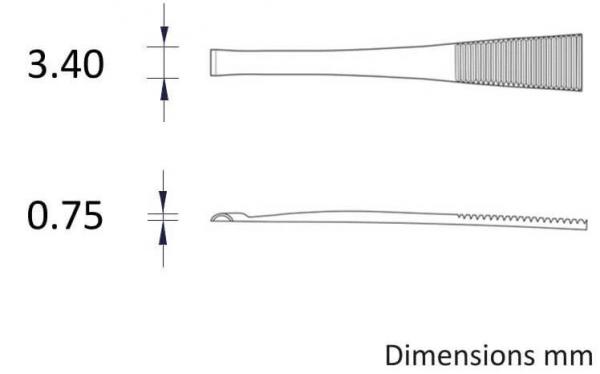 The image displays technical drawings with dimensions. At the top is a narrow, elongated object with a width of 3.40 mm. Below is a similar object with a width of 0.75 mm.
