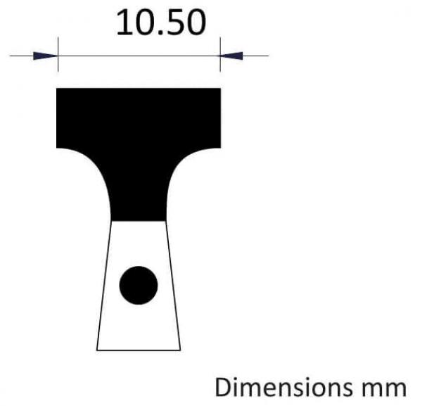 Das Bild zeigt eine schematische Darstellung eines Werkzeugs mit einer breiten, rechteckigen Kante oben und einem schmalen Griff unten. Der Durchmesser des Grifflochs ist angegeben.