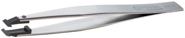 The image shows a narrow, metal tweezer with a slightly curved shape. The tips are black and slightly rubberized to provide grip. It is closed, reflecting light.