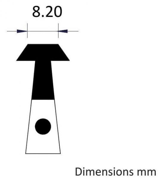 The image displays a technical drawing with a measurement of 8.20 mm. It features a narrow shape extending upwards, with a black area and a round black dot at the bottom.