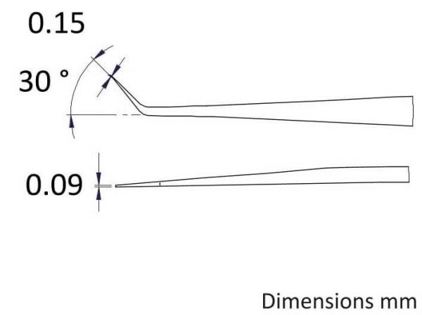 The image displays technical drawings of an object from two perspectives. The top view shows one side with dimensions of 0.15 mm and a 30° angle, while the bottom view shows another side with 0.09 mm.