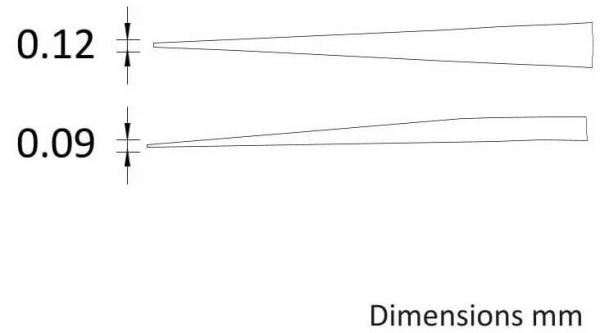 Das Bild zeigt zwei konische Formen. Oben steht "0.12", unten "0.09". Diese Zahlen beziehen sich auf die Maße in Millimetern. Die Formen verjüngen sich nach rechts.
