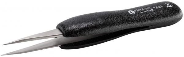 The image shows a black tweezer with an ergonomic grip structure. The pointed, sharp ends are metallic and slightly separated from each other.