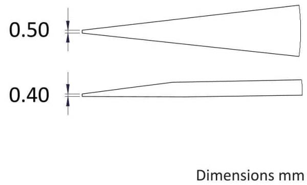 The image shows two conical shapes: one on top with a width of 0.50 mm and one below with 0.40 mm. Both shapes are sketched without color.