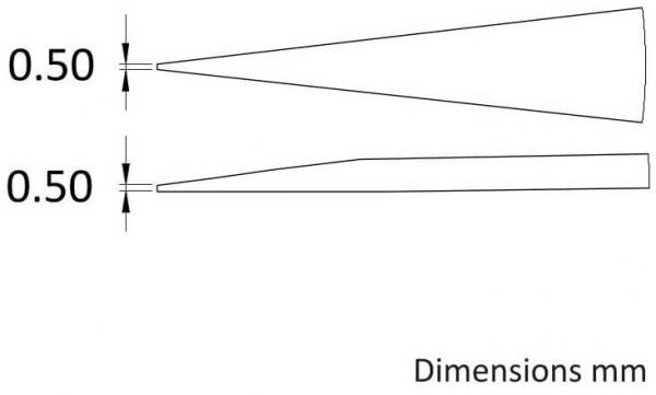 The image shows two schematic representations of objects. Both are 0.50 mm in length. The upper figure has a pointed shape, the lower one is rectangular. On the right it says "Dimensions mm".