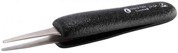 The image shows a black tweezer with a grippy, matte surface. The tips are narrow and metallic, suitable for grasping small objects. It has a simple design.