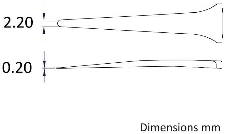 The image displays a technical drawing with two lines. The top line has a width of 2.20 mm, the bottom line is 0.20 mm wide. Below the drawing, it reads "Dimensions mm".