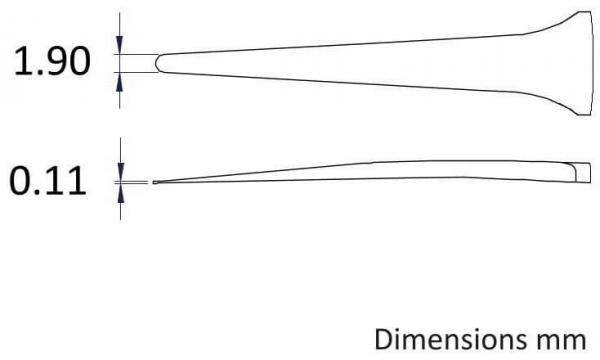 The image shows two linearly depicted objects, with the upper one being 1.90 mm and the lower one 0.11 mm thick. The measurements are clearly marked. Below the drawings, it reads "Dimensions mm".