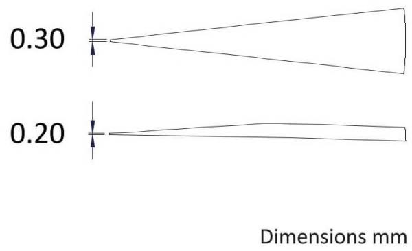Das Bild zeigt zwei geometrische Formen, die spitz zulaufen. Die obere Form hat eine Breite von 0,30 mm, die untere 0,20 mm. Beide sind von links nach rechts angeordnet und beschriftet.