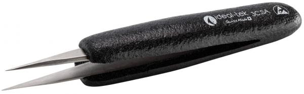 Das Bild zeigt eine schwarze Pinzette mit zwei spitzen, schmalen Metallenden. Der Griff ist ergonomisch geformt und macht die Pinzette leicht greifbar und handlich.