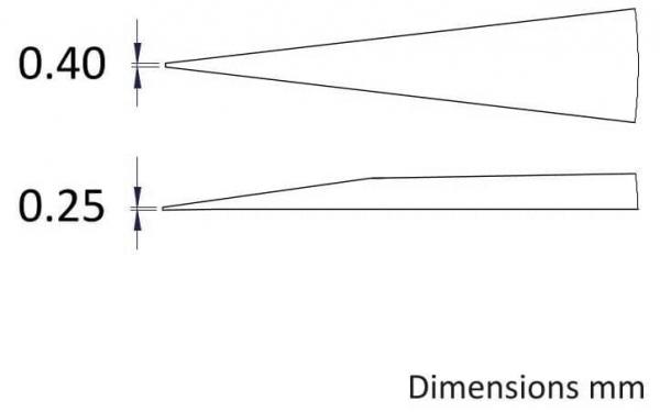 Das Bild zeigt zwei schmale, kegelförmige Formen. Die obere Form hat eine Breite von 0,40 mm, die untere von 0,25 mm. Beide sind im Profil dargestellt, mit Maßangaben.