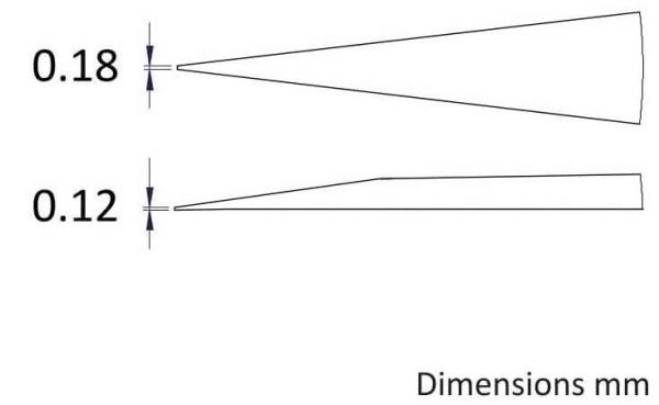 Das Bild zeigt zwei schmale, konische Formen, die nebeneinander angeordnet sind. Links sind die Maße 0,18 mm und 0,12 mm angegeben. Die unteren Teile sind schmaler und kürzer.