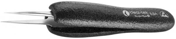 The image shows a black tweezer with two pointed, narrow pincers. The handle is slightly curved and textured to provide a good grip.
