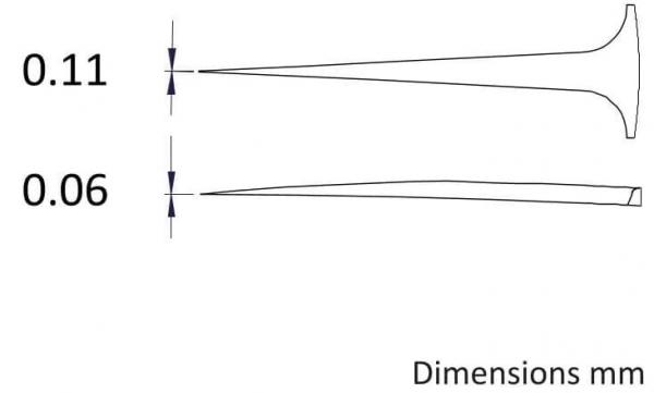 The image displays two thin, pointed shapes with different diameters: the upper one measures 0.11 mm and the lower one 0.06 mm. Both shapes are pulled apart to show their dimensions.