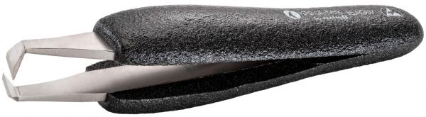 Das Bild zeigt eine schwarze Pinzette mit breiten, rutschfesten Griffen. Die Spitzen sind schmal und gerade, ideal zum Greifen kleiner Gegenstände. Sie wirkt stabil und funktional.