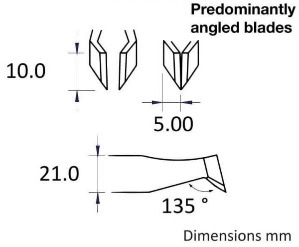 Das Bild zeigt technische Zeichnungen von überwiegend gewinkelten Klingen mit Maßangaben: 10 mm Höhe, 5 mm Breite und 21 mm Länge, sowie einem Winkel von 135 Grad.