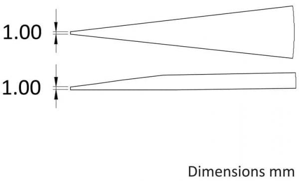 Das Bild zeigt zwei symmetrische, konische Formen, die an den oberen Enden spitz zulaufen. Beide haben die gleiche Basisbreite von 1 mm. Unten rechts steht ?Dimensions mm?.