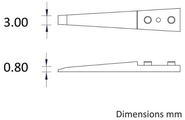 Das Bild zeigt eine technische Zeichnung. Oben ist ein schmal konischer Körper mit der Breite von 3,00 mm, unten eine flachere Ansicht mit einer Höhe von 0,80 mm und zwei kleinen Elementen.