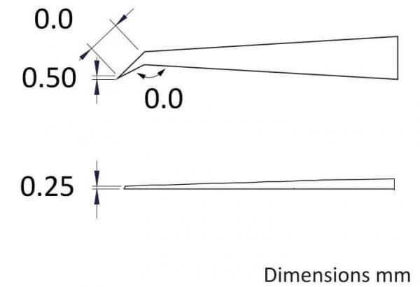 The image displays technical drawings of two profiles. The top one is an angled profile with dimension-related details, while the bottom one is an elongated, straight profile with a measurement of 0.25 mm.