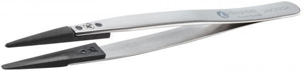 The image displays a stainless steel branding scissors. It features narrow, pointed blades and non-slip, black rubber pads on the tips. The handles are flat and slightly curved.
