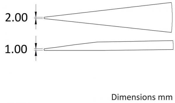 The image shows two conical shapes, one with a height of 2 mm and the other of 1 mm. The upper shape is wider and tapers towards the end. Dimensions are provided on the right.
