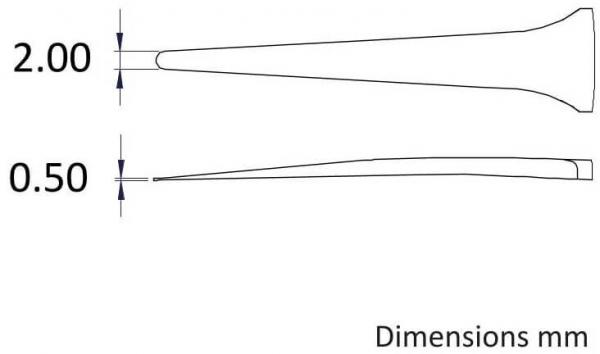 Das Bild zeigt zwei längliche, konische Formen, die von links nach rechts verlaufen. Die obere Form hat eine Breite von 2,00 mm, die untere von 0,50 mm. Unterhalb steht "Dimensions mm".